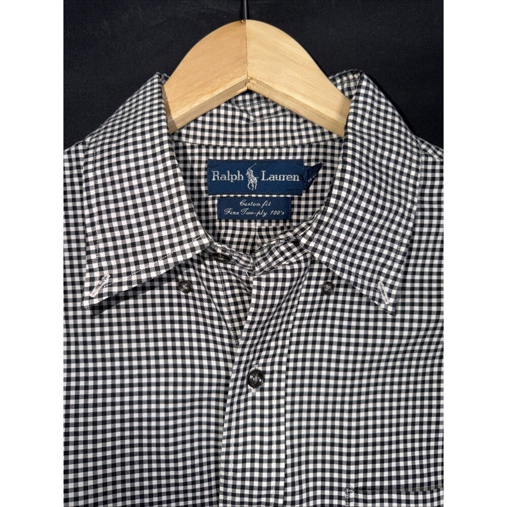 Ralph Lauren Shirt Men Black White Button Up Dress Check Poplin Custom Fit - L